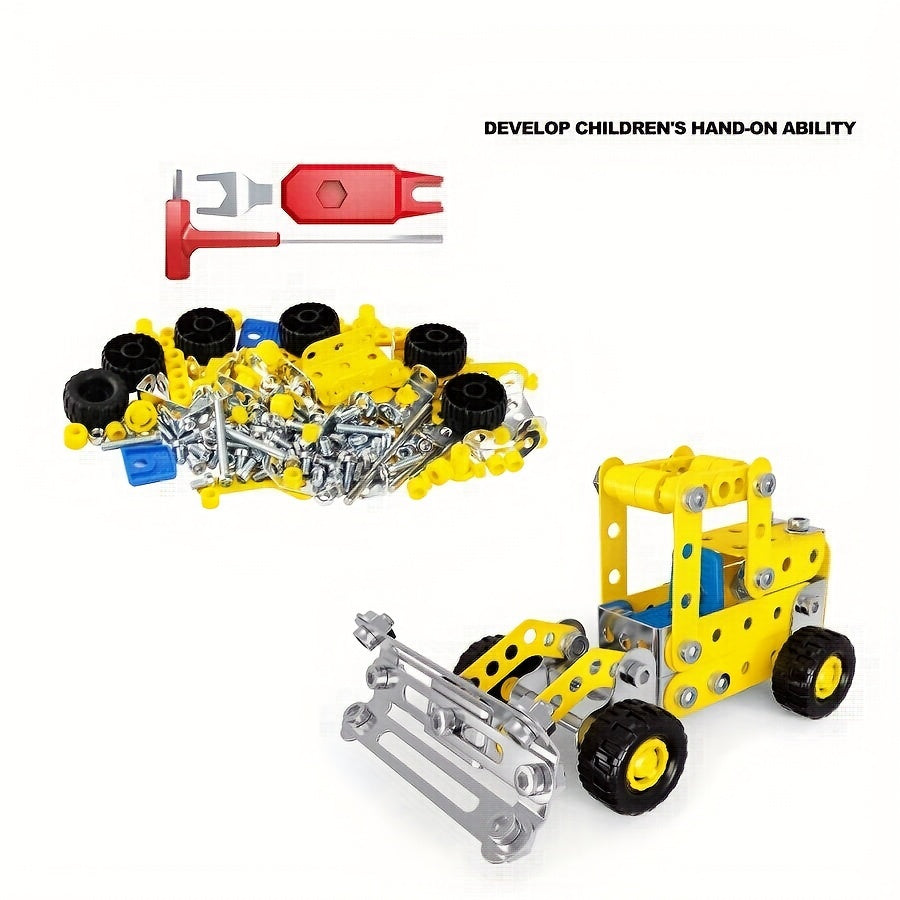 180pcs Metal Steam Kit 7 in 1 Engineering Vehicle Model Yellow