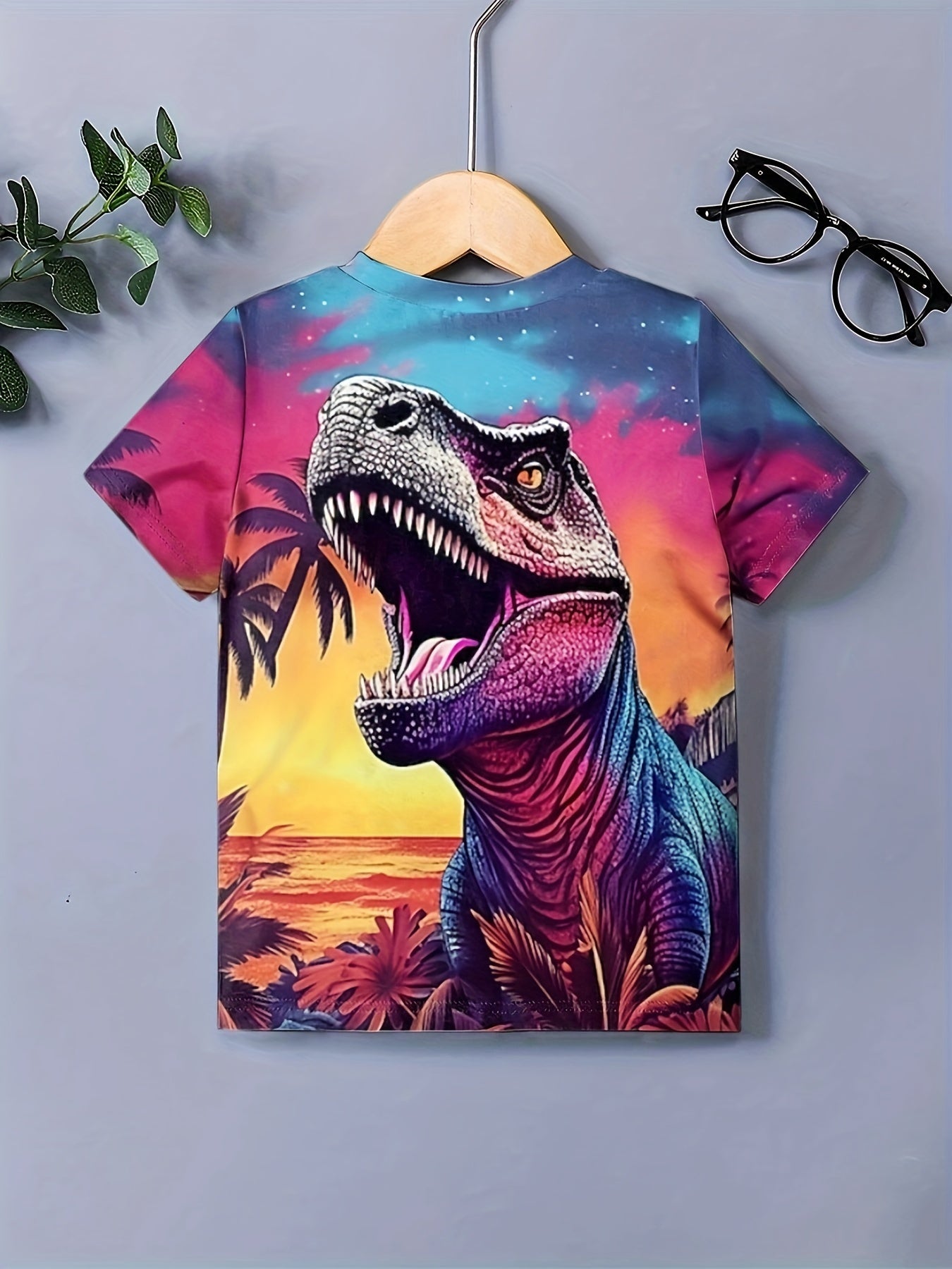 Boys Dino Print T shirt Kids Short Sleeve Top For Summer