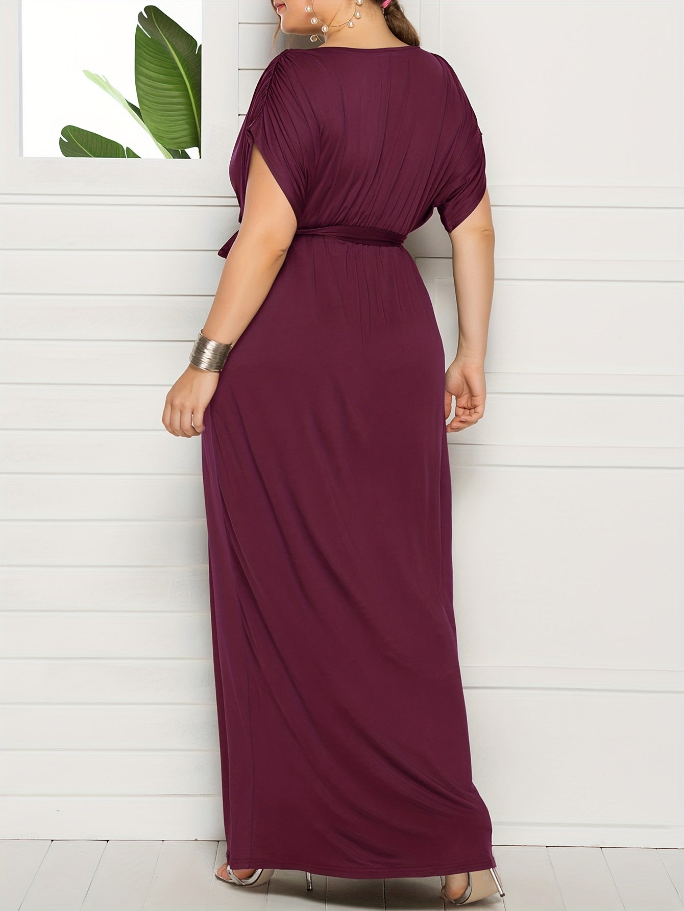  Solid Bat Sleeve Maxi Dress With Belt