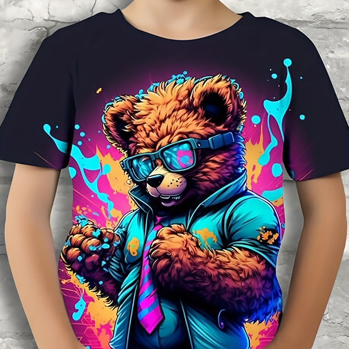 Boys Bear Graphic T-shirt Active Stretchy Short Sleeve Tee for Summer