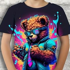 Boys Bear Graphic T-shirt Active Stretchy Short Sleeve Tee for Summer