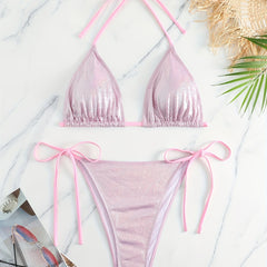  Metallic Halter Bra & Tie Side Panty Bikini Set