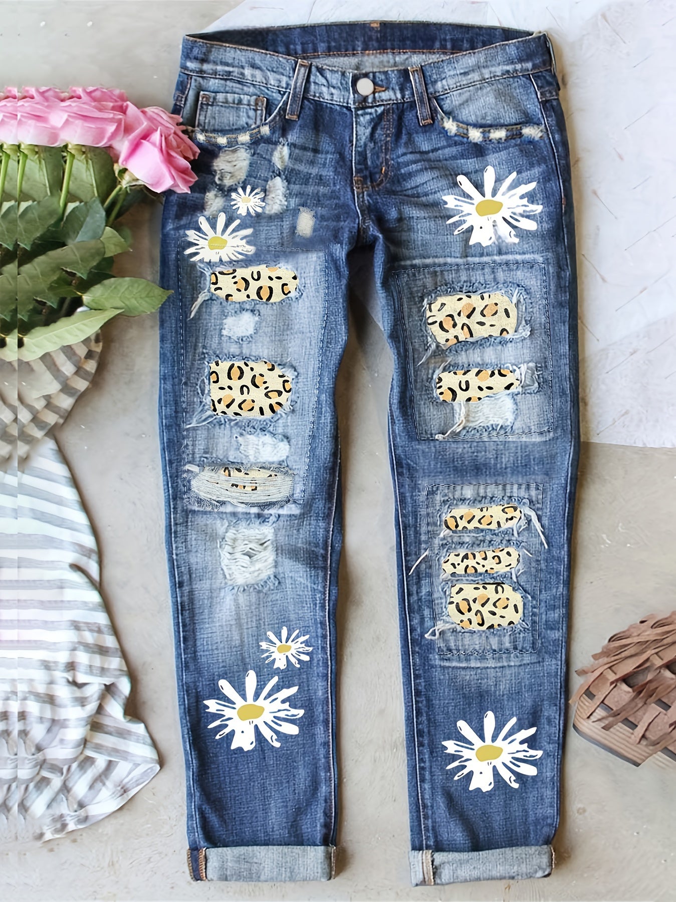  Daisy Print Leopard Patched Ripped Button Fly Jeans