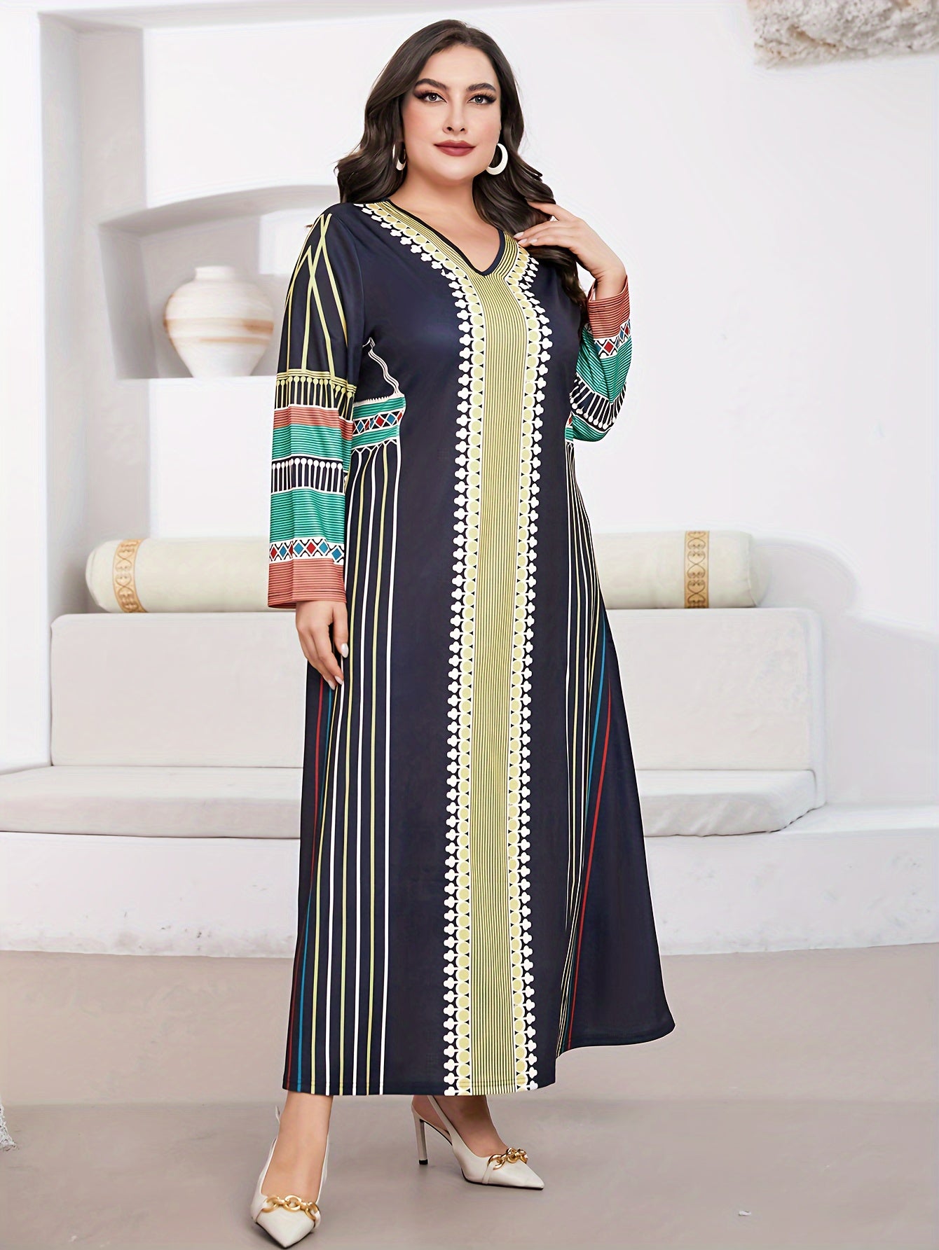  Geometric & Stripe Print Abaya Dress Long Sleeve Maxi Jalabiya