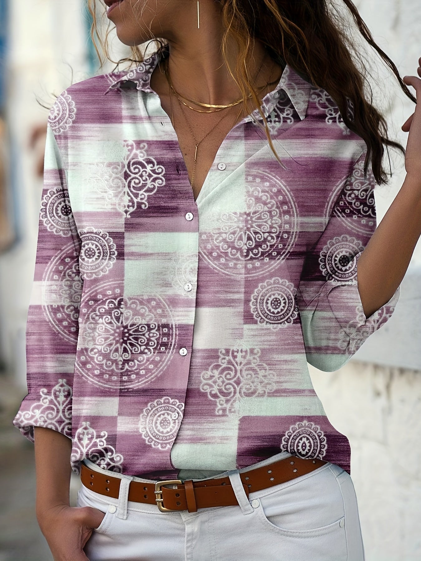  Boho Blouse Women's Plus Colorblock Floral Print Button Up