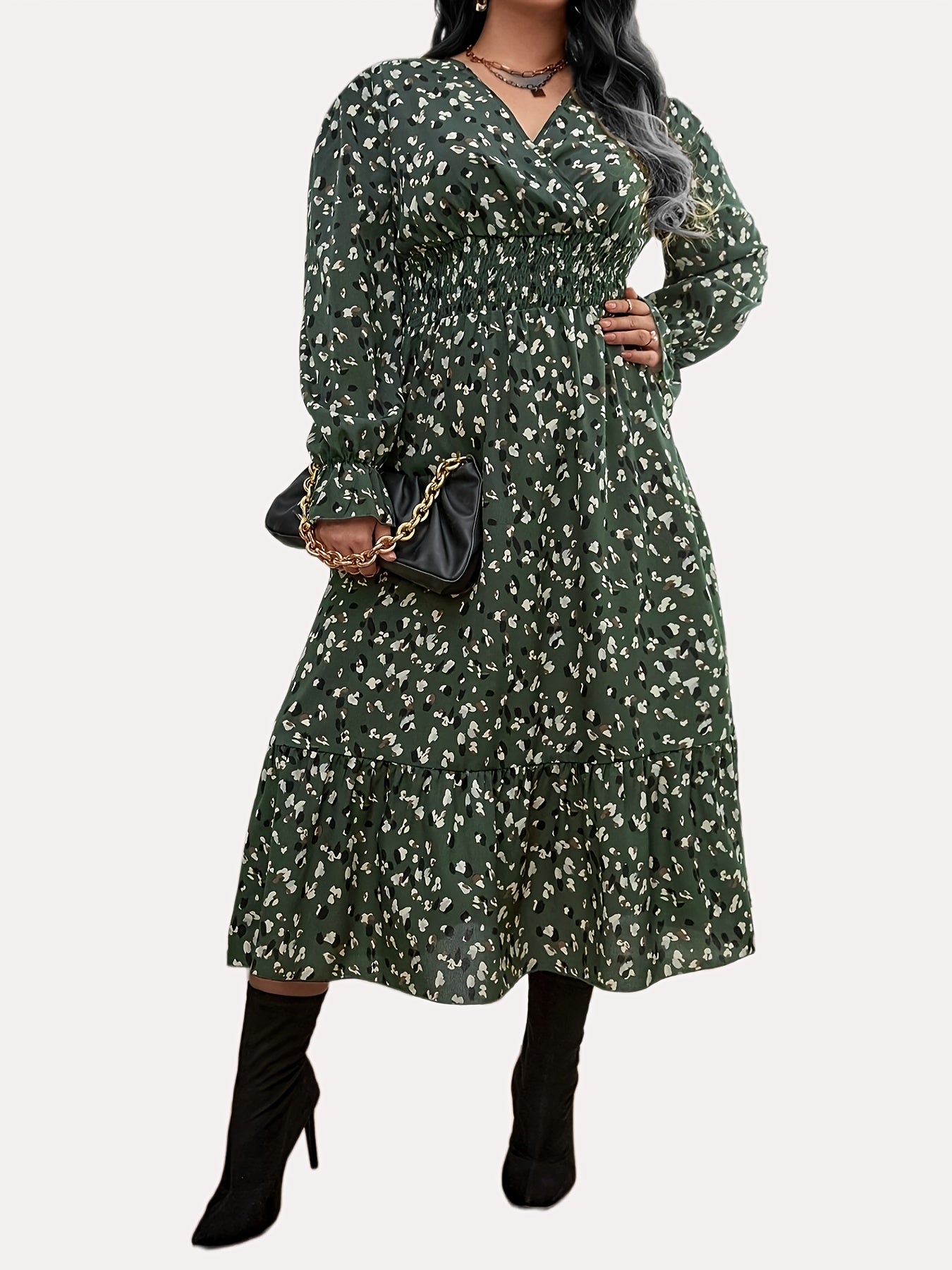  Casual Dress Women's Plus Ditsy Print Lantern Sleeve Dress