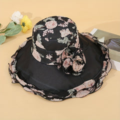 Chiffon Ruffles Floral Bucket Hat Wide Brim Sunscreen Fisherman Cap