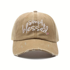 Blessed Ponytail Trucker Hat Embroidered Ripped Washed Distressed Baseball Cap