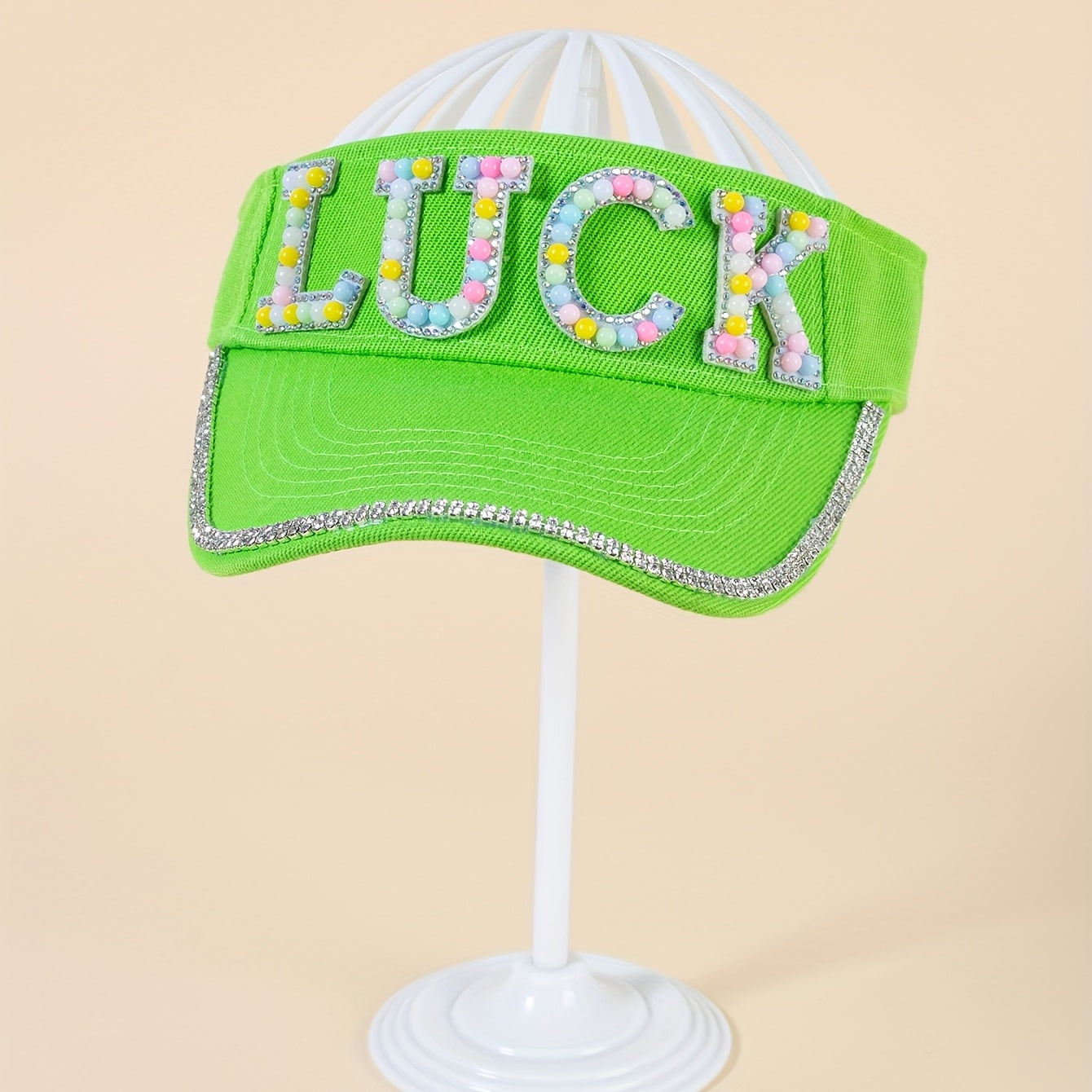 Green Visor Hat with Faux Pearl Rhinestone Decor