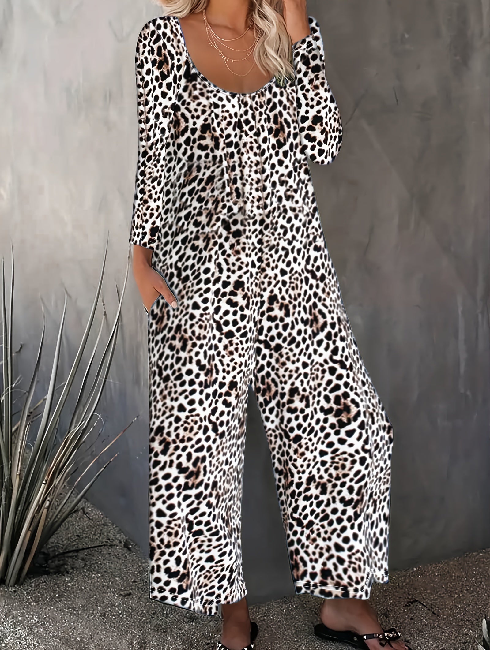  Leopard Print Long Sleeve Wide Leg Jumpsuit With Pockets