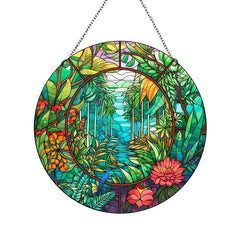 Acrylic Glass Coconut Tree Disc Ornament Jungle Flowers Plants Retro