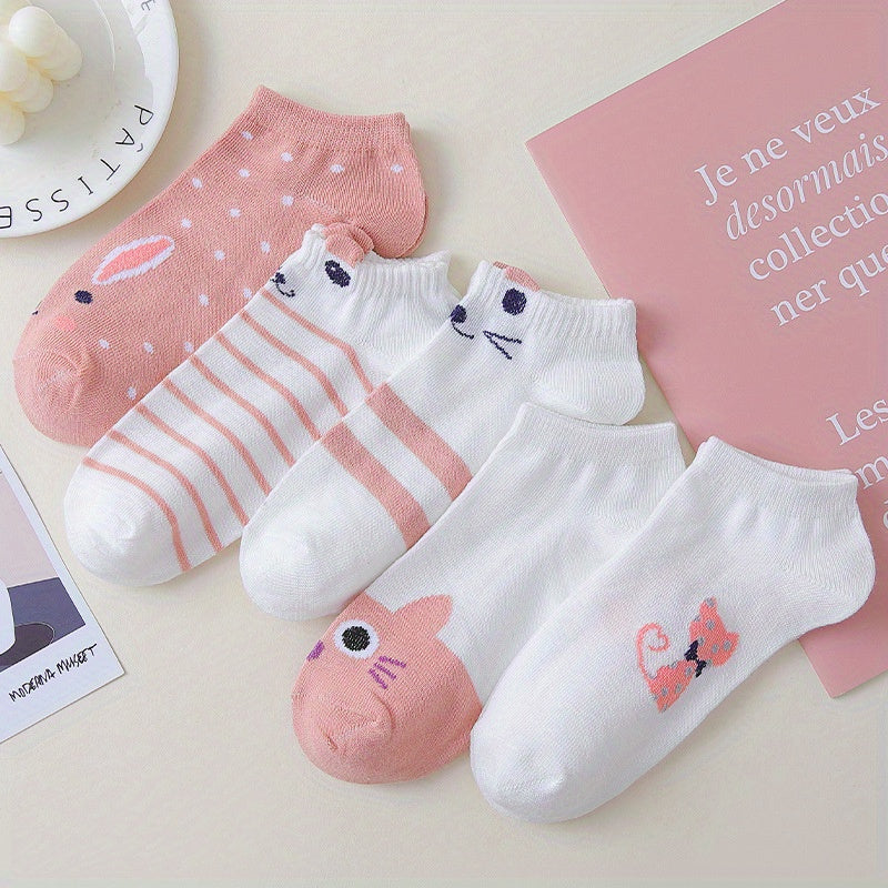 5 Pairs Cat Print Short Socks Breathable Ankle Stockings