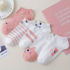 5 Pairs Cat Print Short Socks Breathable Ankle Stockings