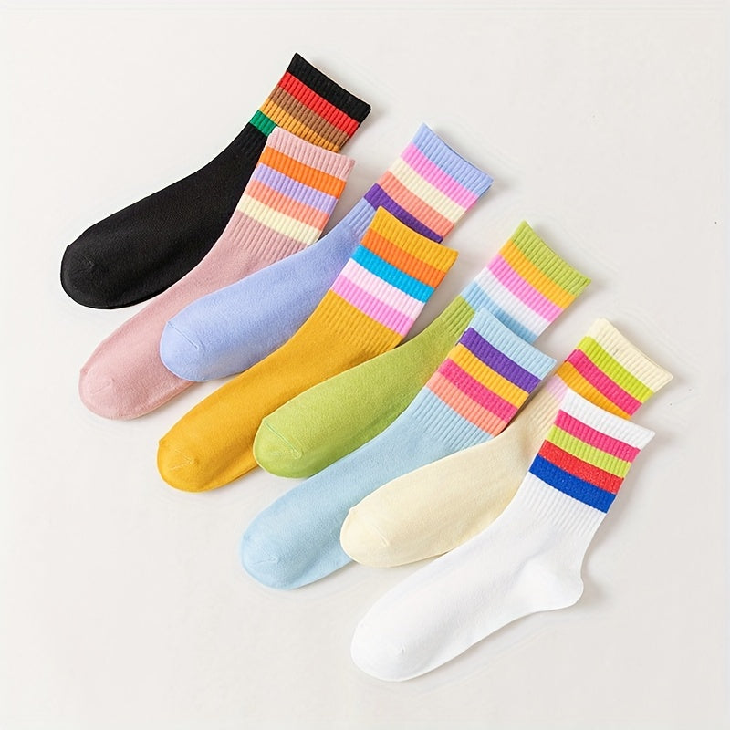 8 Pairs Colorful Stripe Print Ribbed Socks Women's Stockings