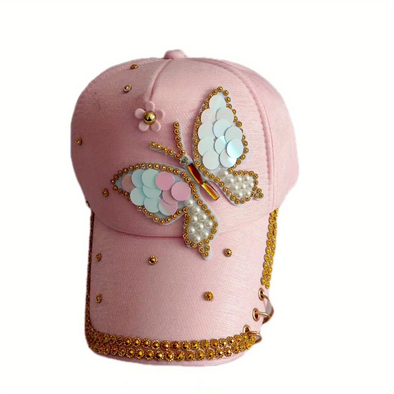 Sequin Butterfly Y2K Baseball Cap Rhinestone Faux Pearl Ring Decor