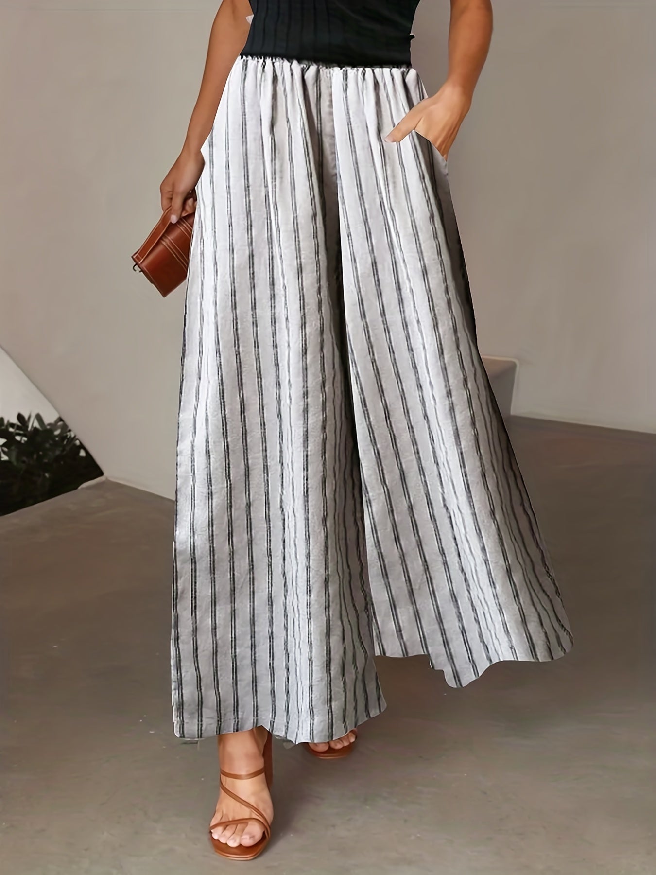  Wide Leg Trousers Stripe Print Elastic Pockets