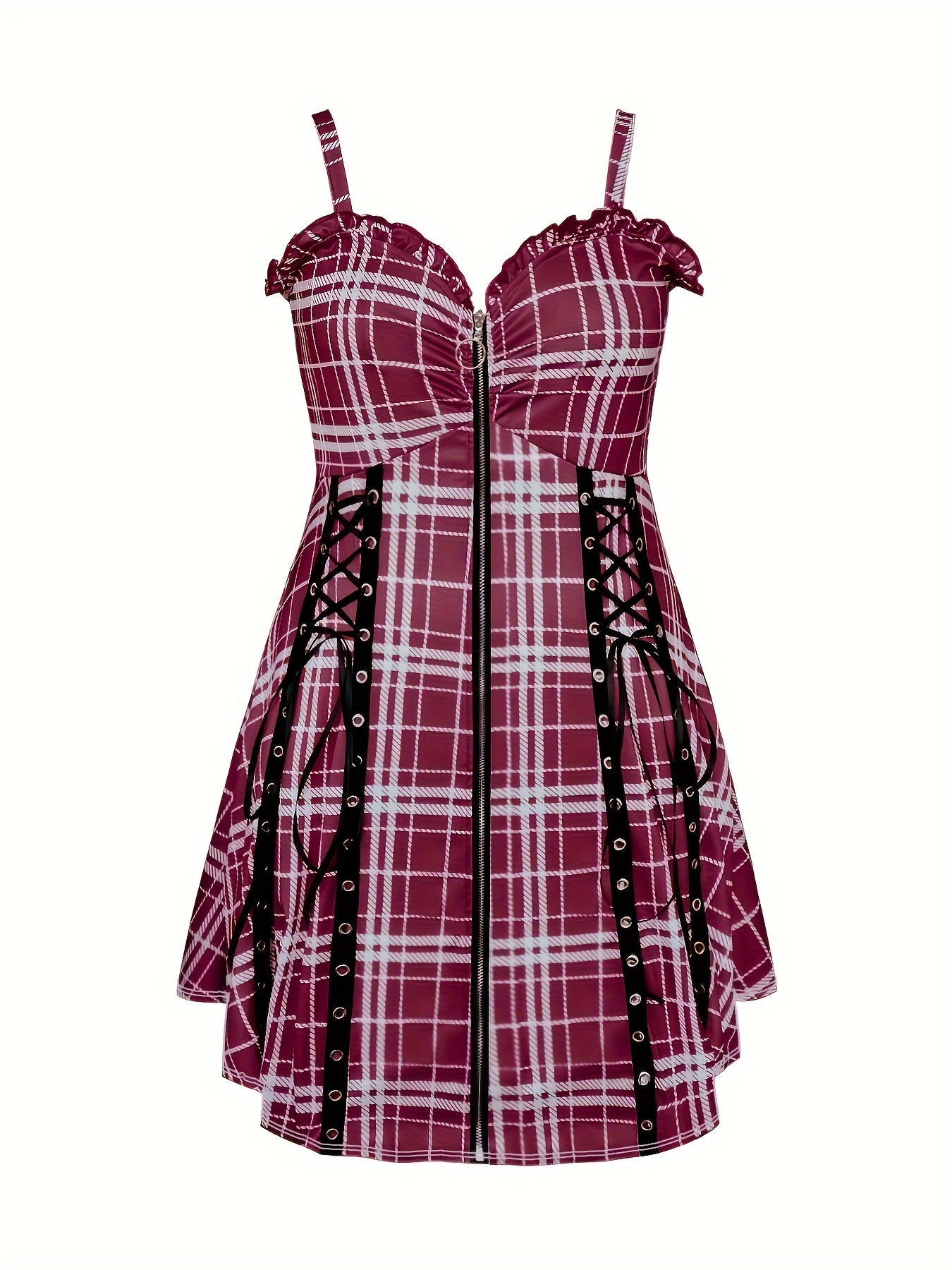  Plaid Print Zipper Lace Up Ruffle Trim V Neck Cami Dress