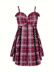  Plaid Print Zipper Lace Up Ruffle Trim V Neck Cami Dress