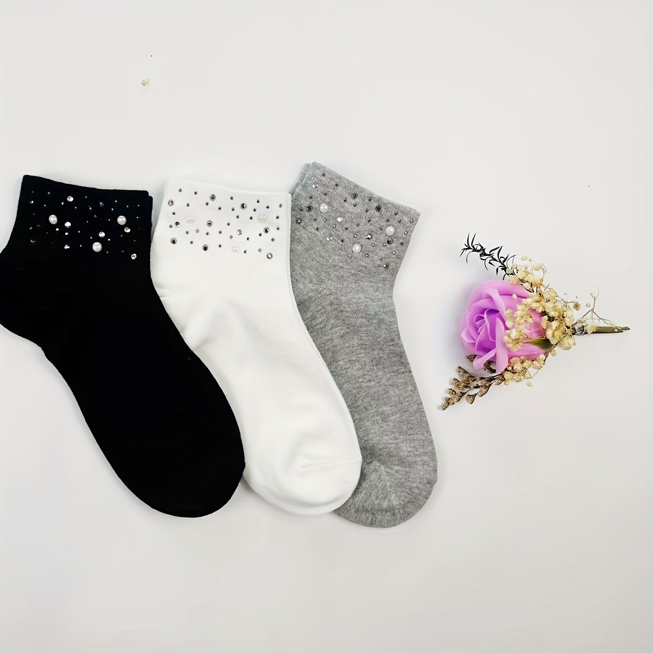 5 Pairs Rhinestone Crew Short Socks Women's Stockings