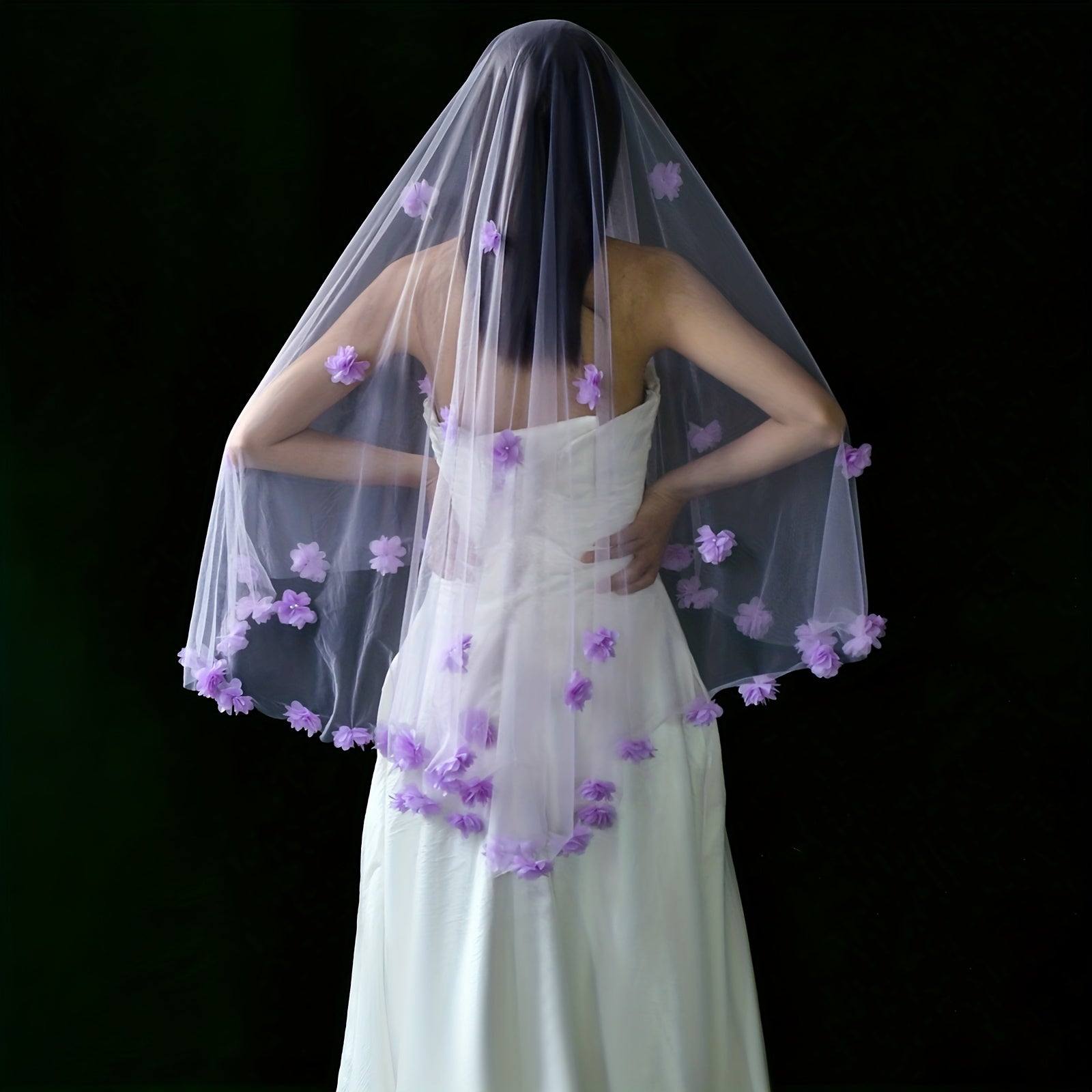 Purple Bridal Veil with 3D Floral Embellishments Short Soft Nylon Fabric