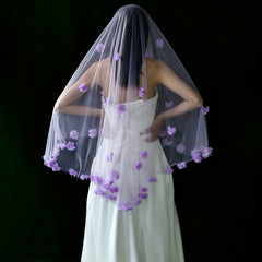 Purple Bridal Veil with 3D Floral Embellishments Short Soft Nylon Fabric