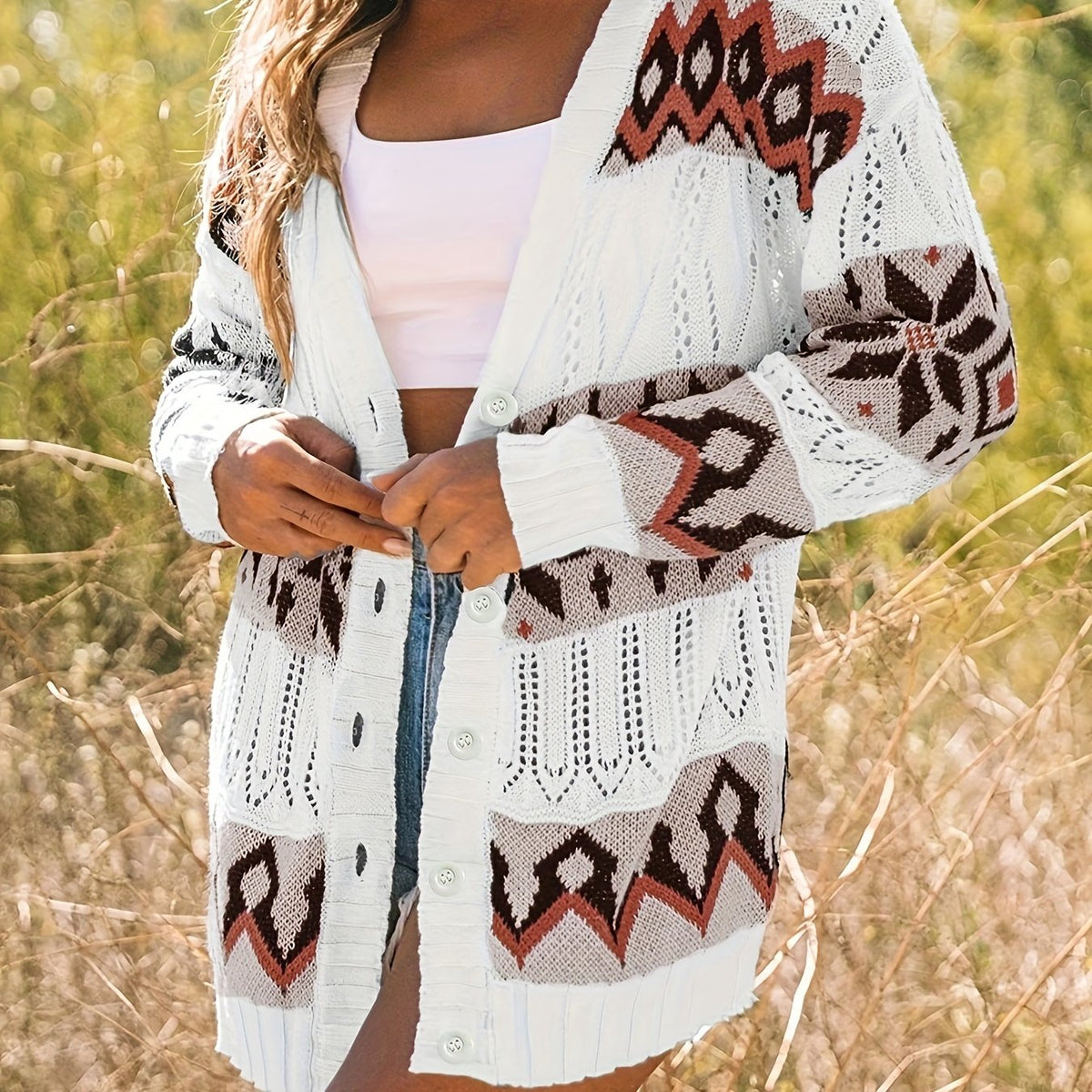  Geometric Print Open Front Cardigan