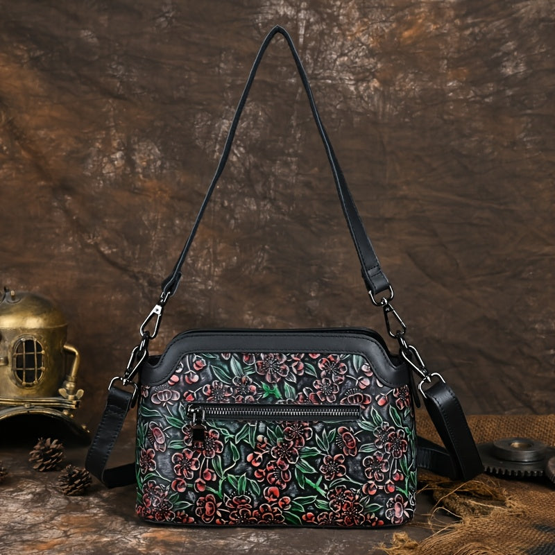 Floral Pattern Leather Crossbody Shoulder Bag Zipper Closure