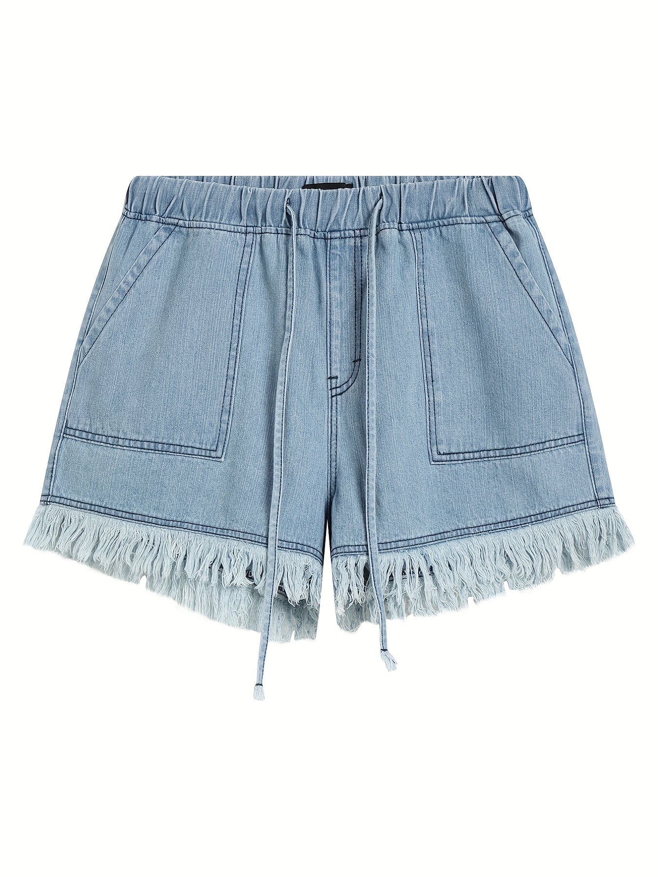  Casual Denim Shorts Women's Plus Solid Raw Trim Elastic Waist