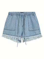  Casual Denim Shorts Women's Plus Solid Raw Trim Elastic Waist