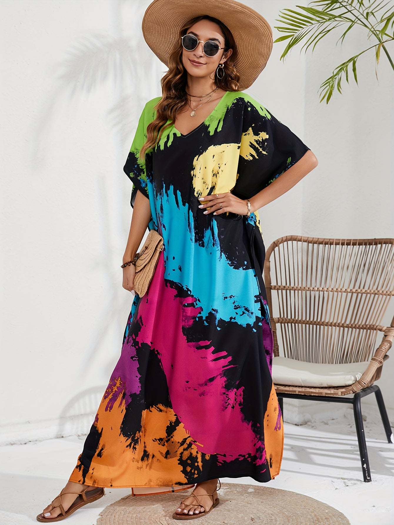  Tie Dye Batwing Sleeve Maxi Beach Cover Up Dress