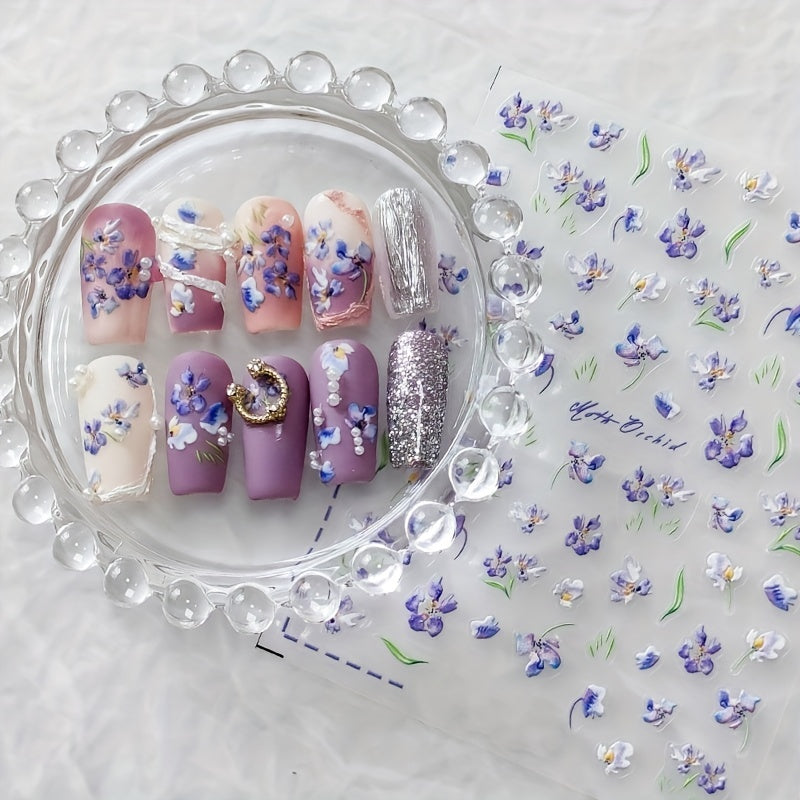 Elegant 3D Orchid Nail Art Sticker for Manicure