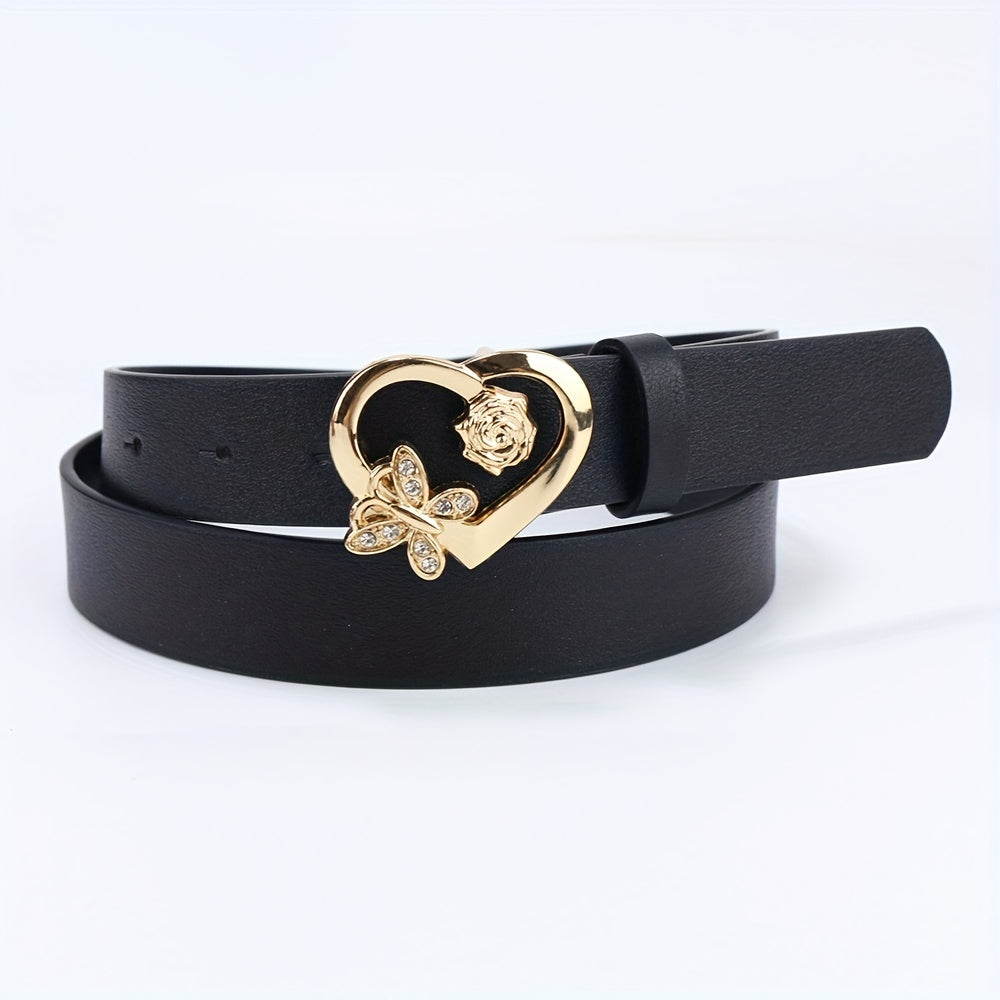 Rose Butterfly Heart Buckle Belt Classic Solid PU Leather Belt For Women