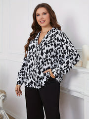  Leopard Long Sleeve Notched Neck Tunic Top