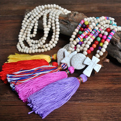 Colorful Beaded Tassel Long Necklace Stone Pendant Boho Summer Jewelry