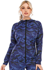  Camo Print Zip Up Hoodie Activewear Women's Plus Long Sleeve Coat