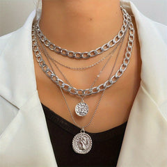 Punk Golden Portrait Coin Pendant Necklace For Women