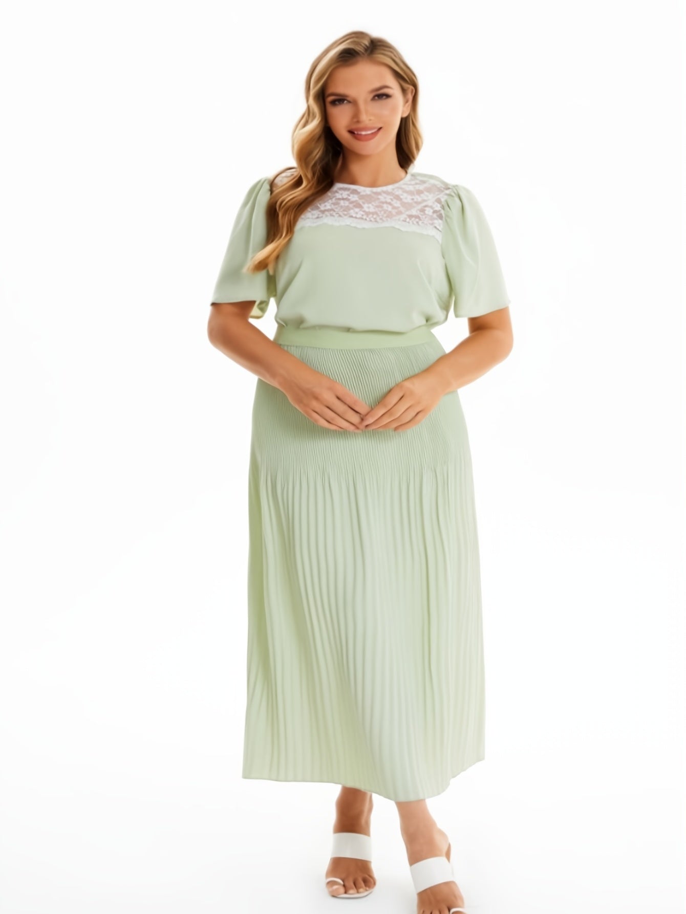  Lace Short Sleeve Tops & Pleated Maxi Skirt Set 2pcs Outfit