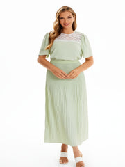  Lace Short Sleeve Tops & Pleated Maxi Skirt Set 2pcs Outfit