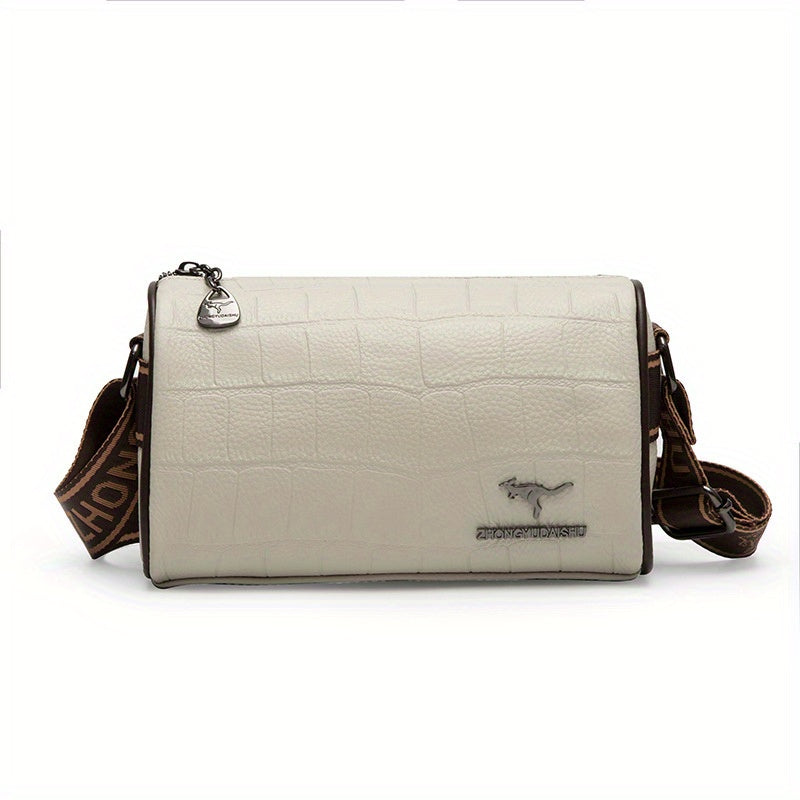 Crocodile Crossbody Bag with Letter Strap and Zipper Closure