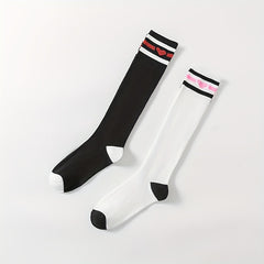 Heart Print Striped Calf Socks Sports Knee High Women's Stockings