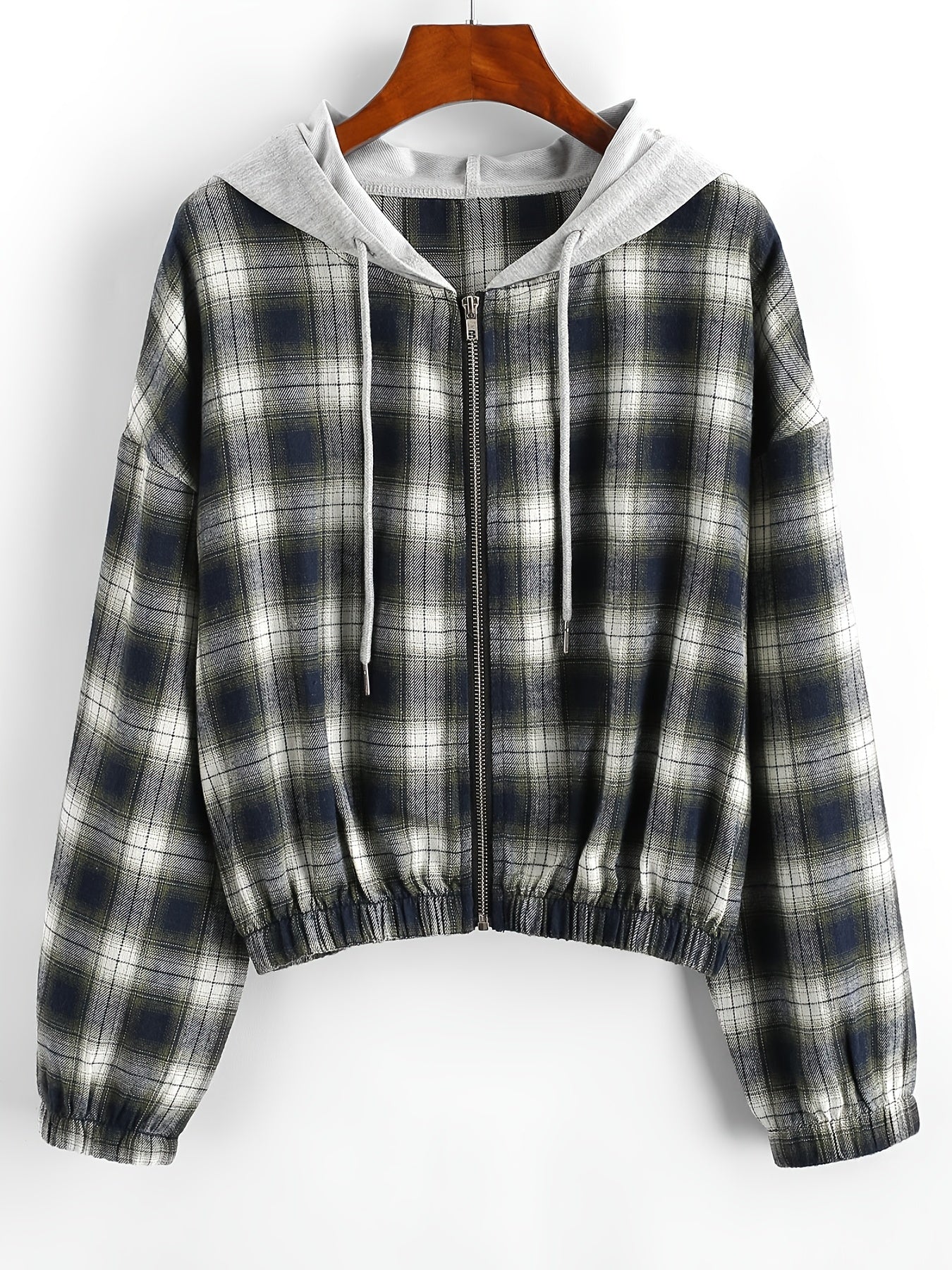 Plaid Hooded Zip Jacket Hoodies Long Sleeve