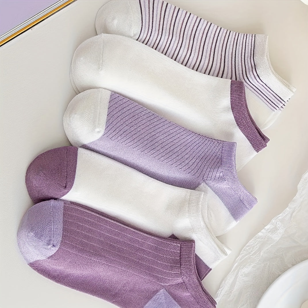 5 Pairs Colorblock Ankle Socks Soft Lightweight Low Cut Women's Stockings