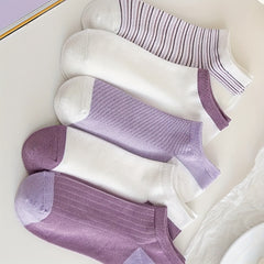 5 Pairs Colorblock Ankle Socks Soft Lightweight Low Cut Women's Stockings