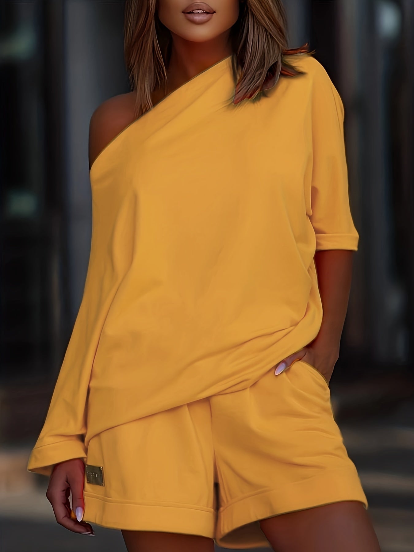 Casual Two Piece Set Slanted Shoulder Short Sleeve Tops & Wide Leg Shorts