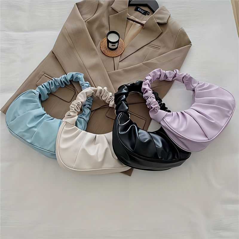 Minimalist Ruched Baguette Bag Solid Underarm Bag Zipper