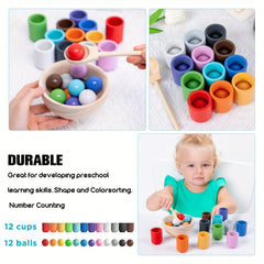 Montessori Wooden Sorter Toy Rainbow Ball And Cups Sorting Game