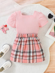 Toddler Girl Summer Clothes Set Ruffled Tee Plaid Skirt