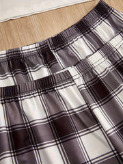 Letter Print Pajamas Set Short Sleeve Crew Neck Top & Shorts & Plaid Pants