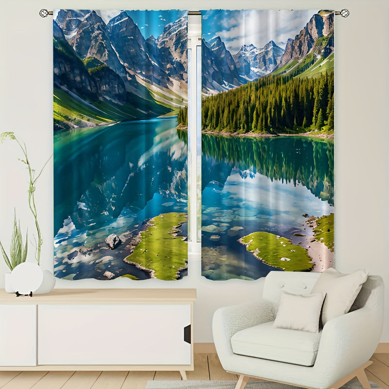2pcs Snow Mountain River Reflection Curtain Window Curtain