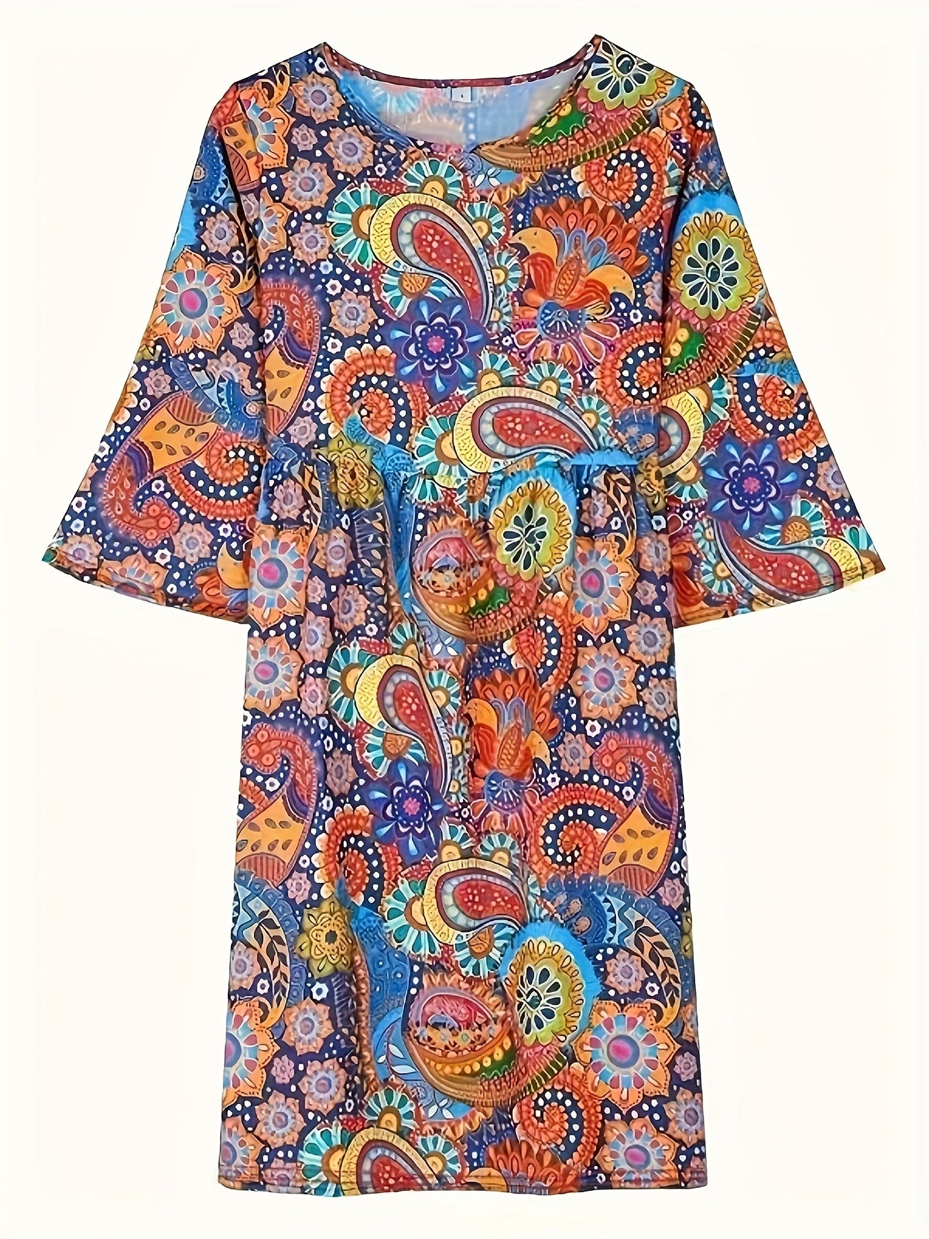  Boho Paisley Print Three Quarter Sleeve Loose Fit Dress